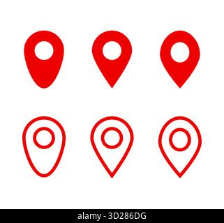 Set vettoriale rosso dei pin della mappa di posizione per la navigazione Illustrazione Vettoriale