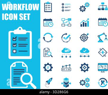 Set di icone flusso di lavoro. Pacchetto icone stile piatto con simboli di processo, attività, automazione, sistema e ciclo Illustrazione Vettoriale