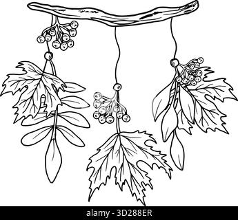 Ramo di legno con frutti di bosco di rowan e foglie d'acero. Illustrazione botanica vettoriale. Composizione autunnale dei rami degli alberi con le piante. Immagine disegnata a mano Illustrazione Vettoriale