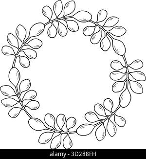 Ghirlanda di rami e foglie. Illustrazione botanica vettoriale. Cornice rotonda autunnale di piante con spazio per il testo. Grafica nera disegnata a mano. Naturale Illustrazione Vettoriale