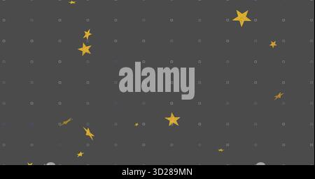 Mostra un motivo digitale con sfondo grigio scuro che sparge su quadrati pastello e stelle gialle dorate Foto Stock