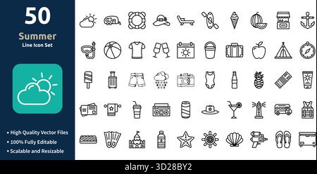 Set icona estiva in stile contorno minilista e set icone alla moda Illustrazione Vettoriale