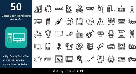 Icona hardware del computer impostata in Minimilist stile contorno e set icone trendy Illustrazione Vettoriale