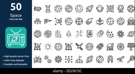 Set di icone spaziali in stile contorno Minimilist e set di icone alla moda Illustrazione Vettoriale