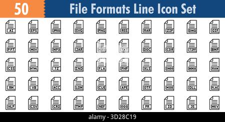 Set di icone formati file in stile contorno Minimilist e set di icone trendy Illustrazione Vettoriale