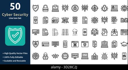 Set di icone Cyber Security nel Minimilist stile contorno e set di icone trendy Illustrazione Vettoriale