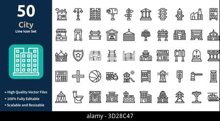 Icona della città in stile contorno Minimilist e set di icone alla moda Illustrazione Vettoriale