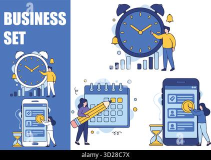 Set di vettori di gestione delle attività aziendali. Illustrazione del concetto pianificazione caratteri, orario di lavoro e produttività. Illustrazione Vettoriale