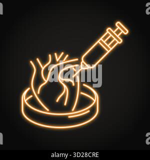 Organoide per test icona neon. Cuore umano con siringa in piastra Petri. Illustrazione vettoriale Illustrazione Vettoriale