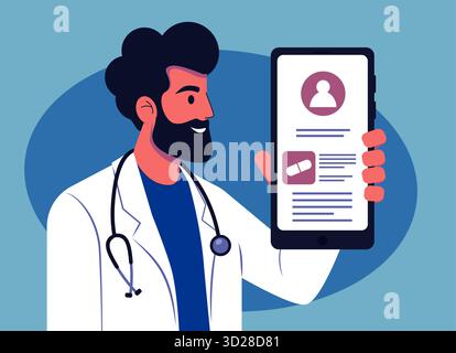 Professionista sanitario, medico maschile che indossa un cappotto bianco e stetoscopio, tenendo uno smartphone in mano. Lo sfondo presenta forme morbide, accentuazione Illustrazione Vettoriale