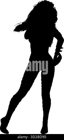 Immagine della silhouette di un guerriero femminile dinamico con lame curve. Il personaggio mostra forza, agilità e intensità di combattimento in una posizione spettacolare Illustrazione Vettoriale