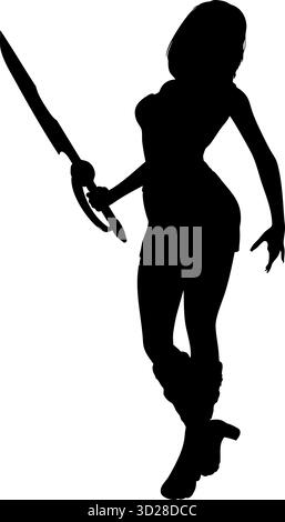 Immagine di una silhouette dinamica di una donna guerriera che regge una spada. La figura si trova in una posa d'azione, evidenziando forza, agilità e rea Illustrazione Vettoriale