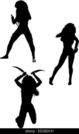 Immagine della silhouette di un guerriero femminile dinamico con lame curve. Il personaggio mostra forza, agilità e intensità di combattimento in una posizione spettacolare Illustrazione Vettoriale