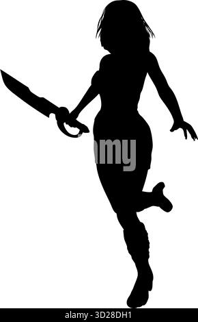 Immagine di una silhouette dinamica di una donna guerriera che regge una spada. La figura si trova in una posa d'azione, evidenziando forza, agilità e rea Illustrazione Vettoriale