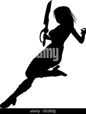 Immagine di una silhouette dinamica di una donna guerriera che regge una spada. La figura si trova in una posa d'azione, evidenziando forza, agilità e rea Illustrazione Vettoriale