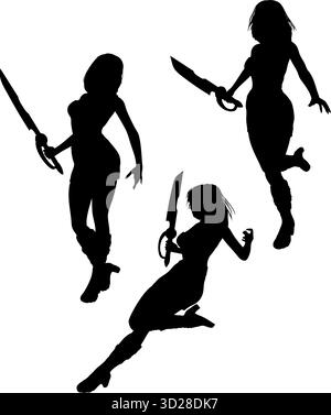 Immagine di una silhouette dinamica di una donna guerriera che regge una spada. La figura si trova in una posa d'azione, evidenziando forza, agilità e rea Illustrazione Vettoriale
