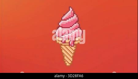 Mostra il cono gelato rosa a servizio morbido pixel-art su una tela sfumata rossa, con motivo waffle Foto Stock