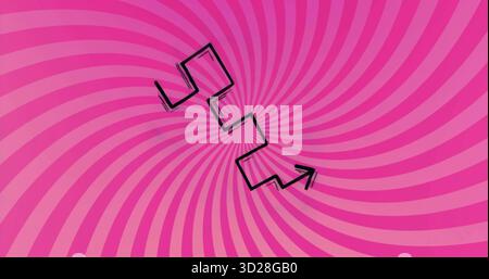Visualizzazione di una freccia a zig-zag nera in grassetto che scende diagonalmente su uno sfondo ipnotico a spirale rosa Foto Stock