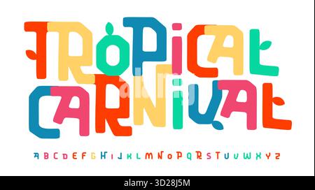 Carattere Carnevale tropicale, alfabeto colorato luminoso, lettere di cartone animato giocose, carattere funky Groovy, logo festivo gioioso, titolo comico divertente, Bouncy Illustrazione Vettoriale