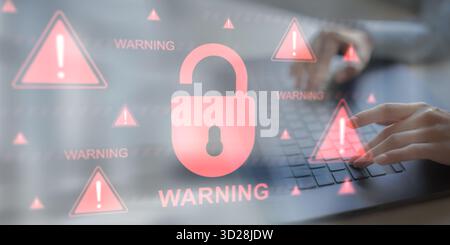 Avviso di violazione critica della cibersicurezza con rischi per la protezione dei dati. Foto Stock