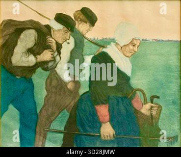 Charles William Bartlett - contadini provenienti dal campo - Farming Family - c1910 - il dipinto raffigura tre figure, una donna e due uomini, che camminano attraverso un campo. La donna è in primo piano, indossa un abito scuro, un cofano bianco e porta con sé uno strumento e un cestino. Dietro di lei, seguono due uomini, che sembrano anche portare borse o pacchi. Il dipinto ritrae una scena di vita rurale, concentrandosi in particolare sulle dure realtà della vita contadina, un tema comune nell'arte della fine del XIX e dell'inizio del XX secolo. Foto Stock