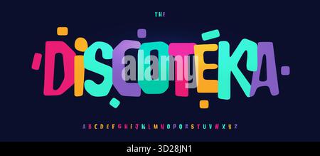 Logotipo a forma di font, alfabeto festoso disco, audace, colorata e giocosa tipografia per il compleanno dei bambini, vivace poster di carnevale, stravagante e divertente Illustrazione Vettoriale