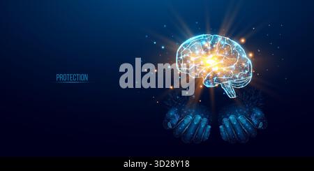 Due mani umane sono tenere il cervello umano. Sostenere il concetto di cervello sano. Struttura a reticolo a basso poly luminoso su sfondo blu scuro. Astratto futuristico Illustrazione Vettoriale
