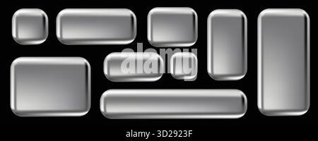 Set di cornici 3d Y2K Chrome ed elementi UX dell'interfaccia utente di progettazione. Set vettoriale di cartelloni in argento per la decorazione e la copertura. Design moderno ed elegante adatto per siti Web e interfacce utente. Illustrazione Vettoriale