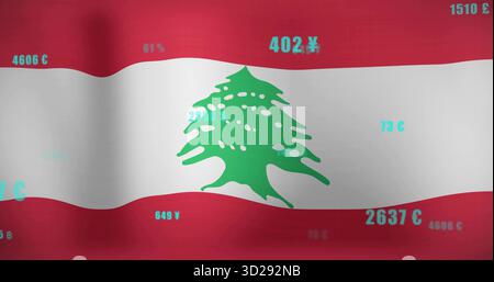 Mostra la bandiera libanese con emblema verde di cedro su tela, simboli numerici fluttuanti e di valuta Foto Stock