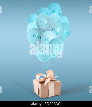 Sconto. Palloncini con segni di percentuale e confezione regalo su sfondo blu sfumato Foto Stock