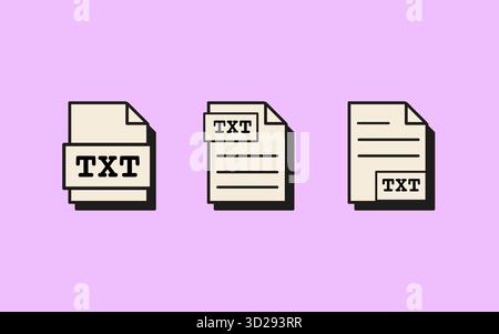 Set di icone di file TXT in stile retrò di formati di documenti di testo normale con etichette e design dell'interfaccia minimale. Illustrazione vettoriale di tipo piatto isolata su Illustrazione Vettoriale