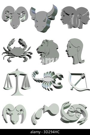 Set completo di segni zodiacali in argento 3d che rappresentano i dodici segni stellari dello zodiaco. Illustrazione disegnata a mano Illustrazione Vettoriale