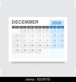 Icona del calendario di dicembre 2026 in stile piatto. Illustrazione vettoriale Planner su sfondo isolato. Il calendario firma il concetto di business. Illustrazione Vettoriale