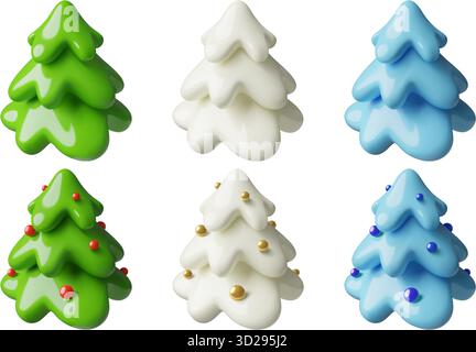 Collezione 3d di pini bianchi e blu innevati con e senza decorazioni natalizie Illustrazione Vettoriale