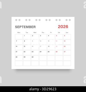 Icona del calendario settembre 2026 in stile piatto. Illustrazione vettoriale Planner su sfondo isolato. Il calendario firma il concetto di business. Illustrazione Vettoriale