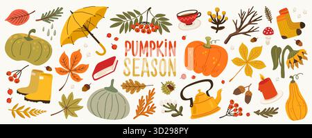 Set vettoriale autunnale con elementi accoglienti della stagione delle zucche come candele, stivali, foglie e tè. Simpatici adesivi autunnali in tonalità calde arancio e giallo per Illustrazione Vettoriale