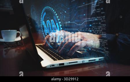 Errore 404 pagina non trovata oops simbolo del problema e uomo che digita la tastiera del computer. Mani sul laptop. Rete, tecnologia informatica e background astract conc Foto Stock