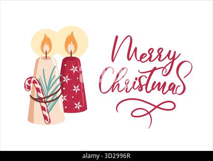 Un'illustrazione vettoriale natalizia con candele di Natale, caramelle e lecca lecca colorate disposte in una scena divertente e accogliente. Linee chiare e nitide Illustrazione Vettoriale