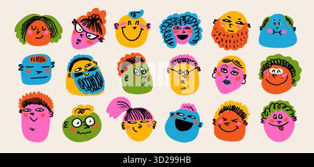 Emoji colorata per il viso in stile pastello con un sorriso giocoso e una texture disegnata a mano da cartoni animati. Icone dei volti e doodle emoji con effetto di schizzo pastello Illustrazione Vettoriale