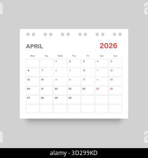 Icona del calendario aprile 2026 in stile piatto. Illustrazione vettoriale Planner su sfondo isolato. Il calendario firma il concetto di business. Illustrazione Vettoriale