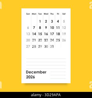 Icona del calendario di dicembre 2026 in stile piatto. Illustrazione vettoriale Planner su sfondo isolato. Il calendario firma il concetto di business. Illustrazione Vettoriale