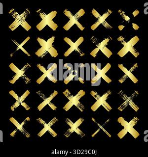 Croci grunge dorate, tratti di pennello, linee, macchie d'inchiostro, forme di scarabocchi disegnate a mano. Disegni fatti a mano, macchie acriliche, strisce di carbone. Vernice Illustrazione Vettoriale