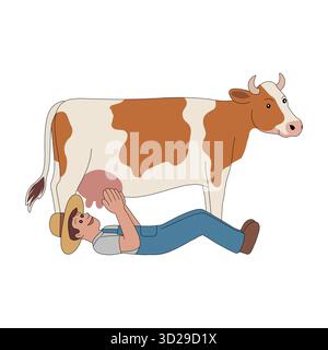 Un cartone animato spensierato mostra un contadino che giace sotto una mucca, bevendo scherzosamente latte direttamente dalla mammella in un'illustrazione divertente a tema fattoria. Illustrazione Vettoriale