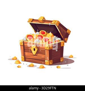 Scrigno aperto traboccante di monete d'oro, gemme e pietre bianche Illustrazione Vettoriale