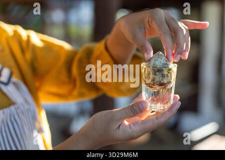 L'avocado a focalizzazione selettiva si inserisce in un vetro trasparente con acqua all'interno. Coltivare facilmente avocado dai semi di avocado. Foto Stock