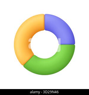 Diagramma circolare con tre segmenti in giallo, verde, viola. Presentazione, infografica, analisi, statistiche, analisi e visualizzazione dei dati Illustrazione Vettoriale