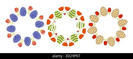 I motivi luminosi, caratterizzati da frutta e fiori, sono disposti in cerchi e sfoggiano colori vivaci. Ideale per decorazioni, artigianato o progetti creativi Illustrazione Vettoriale