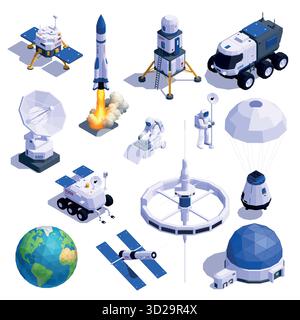 Collezione di veicoli spaziali, satelliti, razzi e icone degli astronauti Illustrazione Vettoriale