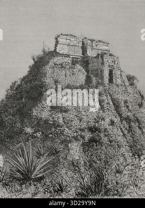Piramide del mago, chiamata anche Casa dei Nani. Piramide mesoamericana a gradini situata nel complesso dell'antica città Maya di Uxmal, stato di Yucatán in Messico. Incisione di A. Kohl, illustrazione di Taylor. Incisione. America. Storia della sua scoperta dai tempi primitivi all'era moderna, scritta da Rodolfo Cronau. Volume I. pubblicato a Barcellona, 1892. Foto Stock
