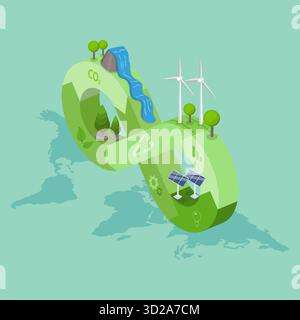 Illustrazione piatta isometrica 3D dell'economia circolare, modello di business sostenibile Foto Stock